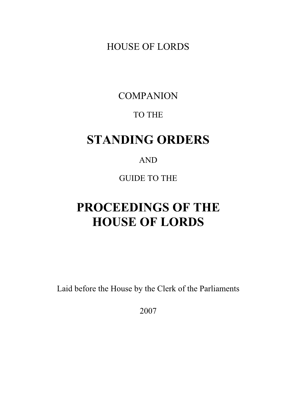 Standing Orders Proceedings of the House of Lords