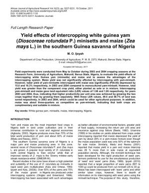 Yield Effects of Intercropping White Guinea Yam (Dioscoreae Rotundata P.) Minisetts and Maize (Zea Mays L.) in the Southern Guinea Savanna of Nigeria
