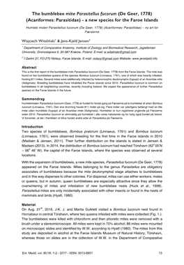 The Bumblebee Mite Parasitellus Fucorum (De Geer, 1778) (Acariformes: Parasitidae) - a New Species for the Faroe Islands