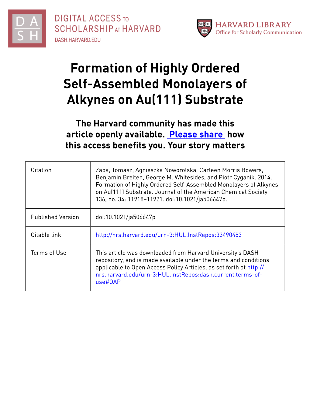 Formation of Highly Ordered Self-Assembled Monolayers of Alkynes on Au(111) Substrate