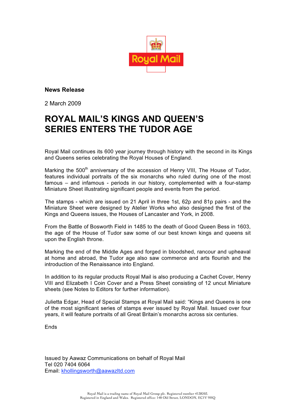 Royal Mail's Kings and Queen's Series Enters the Tudor