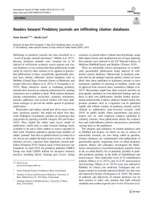 Readers Beware! Predatory Journals Are Infiltrating Citation Databases