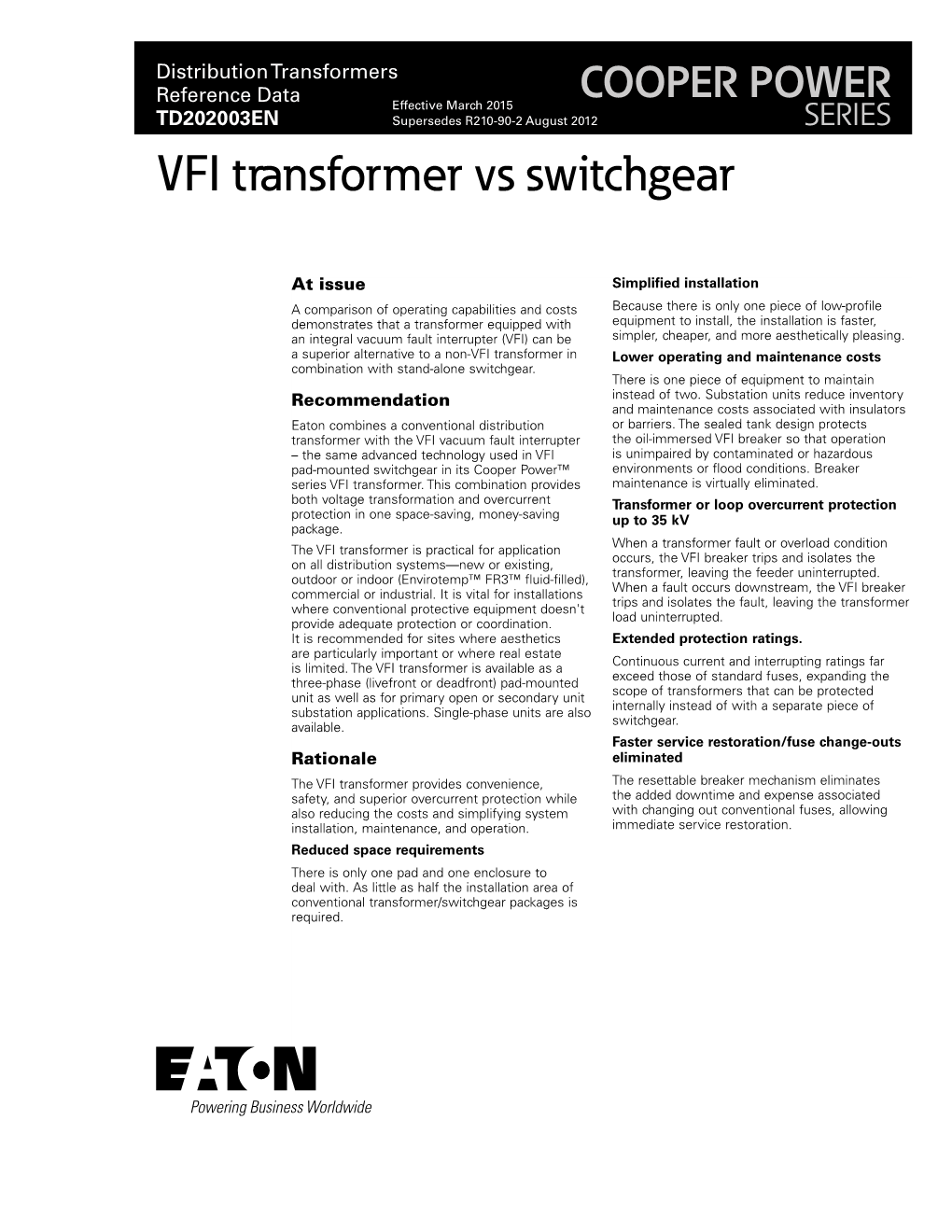 VFI Transformer Vs. Switchgear Information