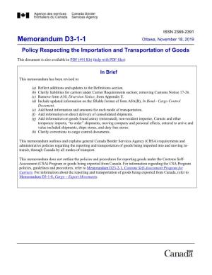 Memorandum D3-1-1 Ottawa, November 18, 2019 Policy Respecting the Importation and Transportation of Goods