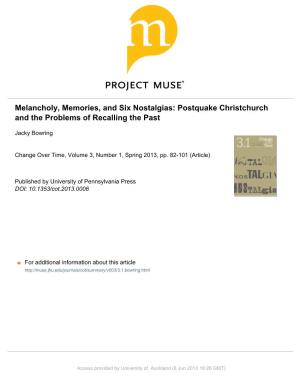 Melancholy, Memories, and Six Nostalgias: Postquake Christchurch and the Problems of Recalling the Past