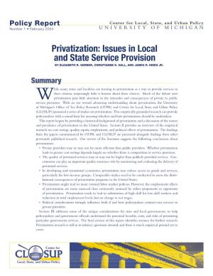 Privatization: Issues in Local and State Service Provision by ELISABETH R