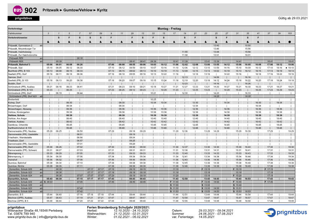 902 Pritzwalk ÷ Gumtow/Vehlow ÷ Kyritz Prignitzbus Gültig Ab 29.03.2021