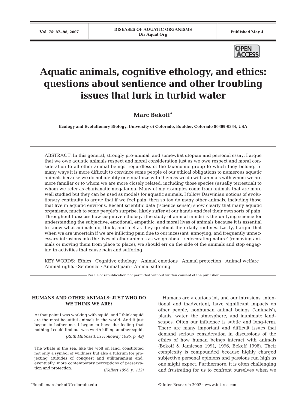 Aquatic Animals, Cognitive Ethology, and Ethics: Questions About