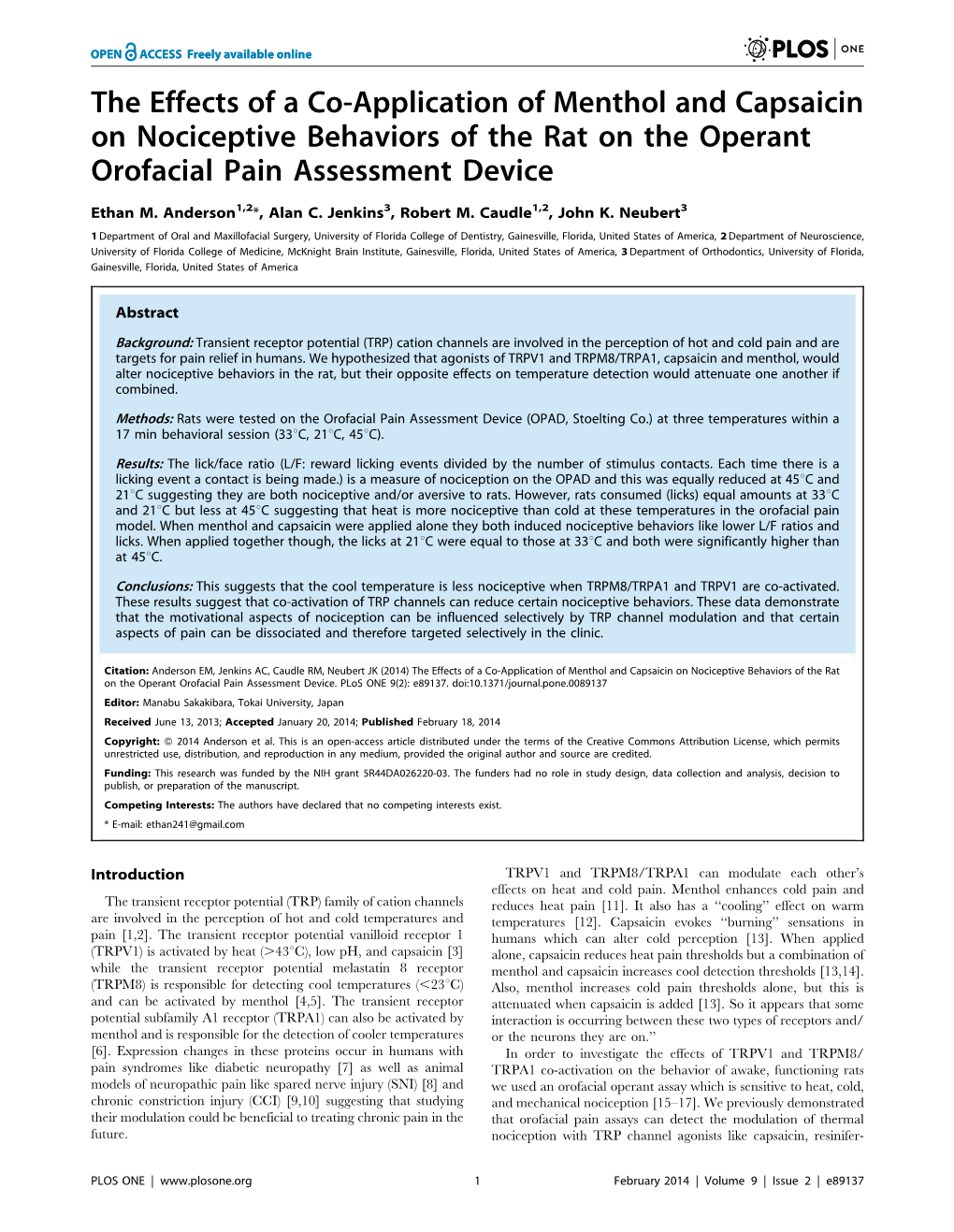 The Effects of a Co-Application of Menthol and Capsaicin on Nociceptive Behaviors of the Rat on the Operant Orofacial Pain Assessment Device