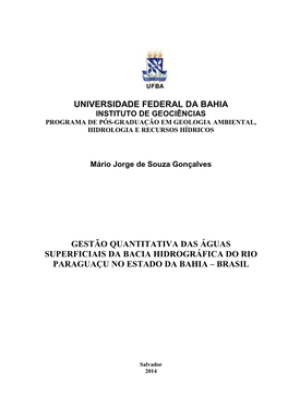 Universidade Federal Da Bahia Gestão Quantitativa Das Águas Superficiais Da Bacia Hidrográfica Do Rio Paraguaçu No Estado