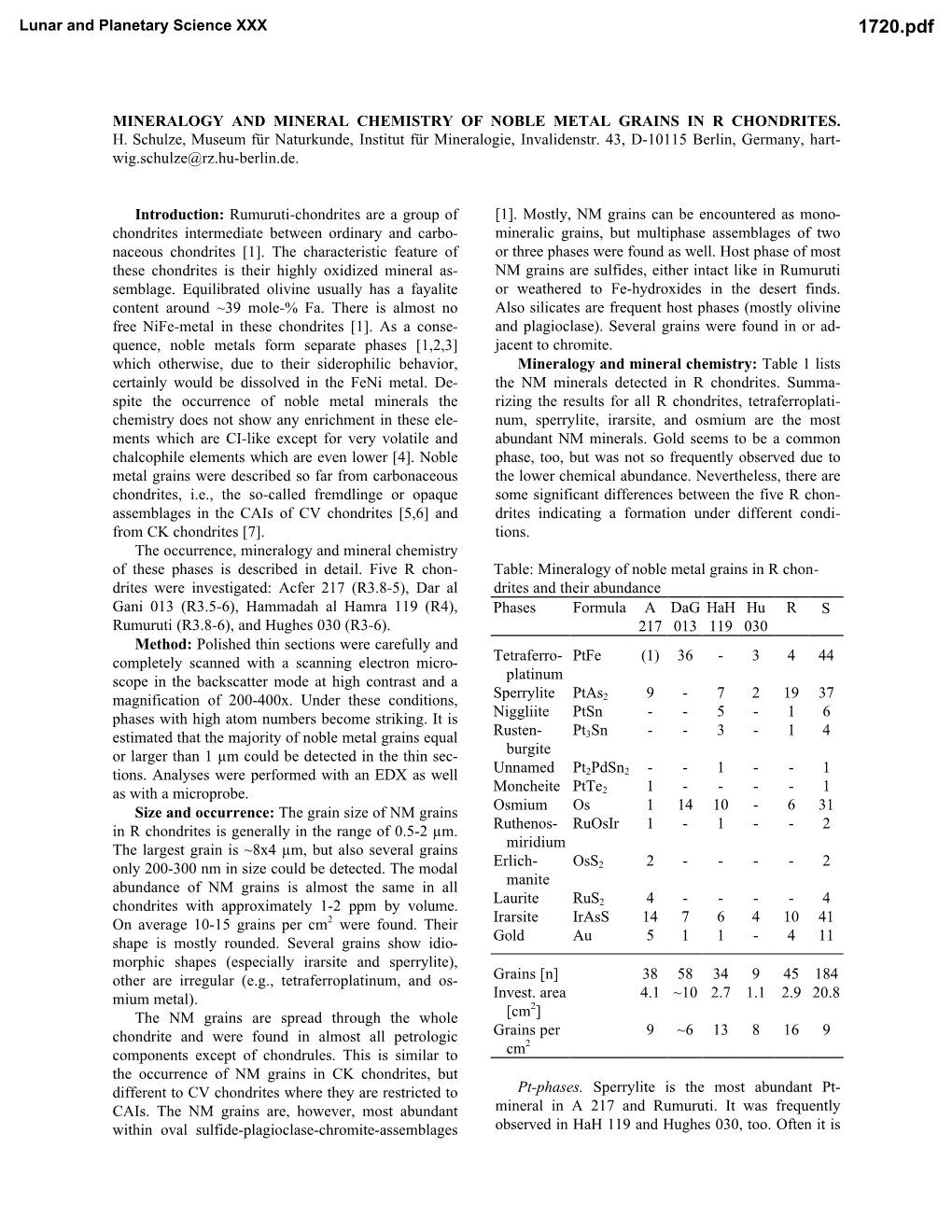 MINERALOGY and MINERAL CHEMISTRY of NOBLE METAL GRAINS in R CHONDRITES. H. Schulze, Museum Für Naturkunde, Institut Für Mineralogie, Invalidenstr