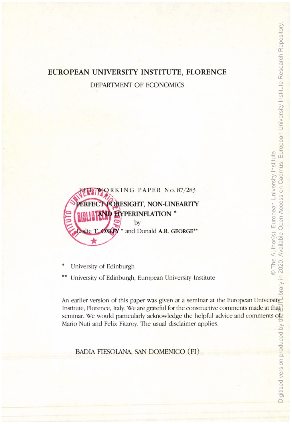 EUROPEAN UNIVERSITY INSTITUTE, FLORENCE Research DEPARTMENT of ECONOMICS Institute University European Institute