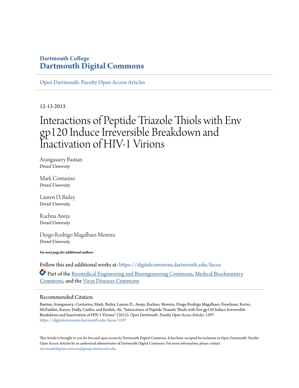 Interactions of Peptide Triazole Thiols with Env Gp120 Induce Irreversible Breakdown and Inactivation of HIV-1 Virions Arangassery Bastian Drexel University