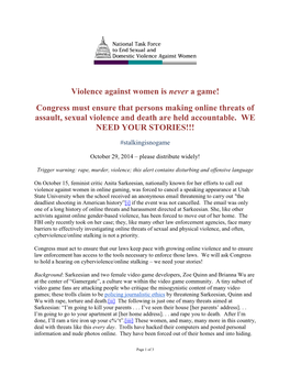 Violence Against Women Is Never a Game! Congress Must Ensure That Persons Making Online Threats of Assault, Sexual Violence and Death Are Held Accountable