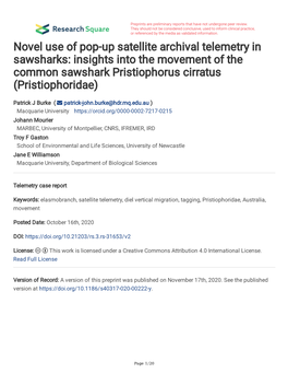 Novel Use of Pop-Up Satellite Archival Telemetry in Sawsharks: Insights Into the Movement of the Common Sawshark Pristiophorus Cirratus (Pristiophoridae)