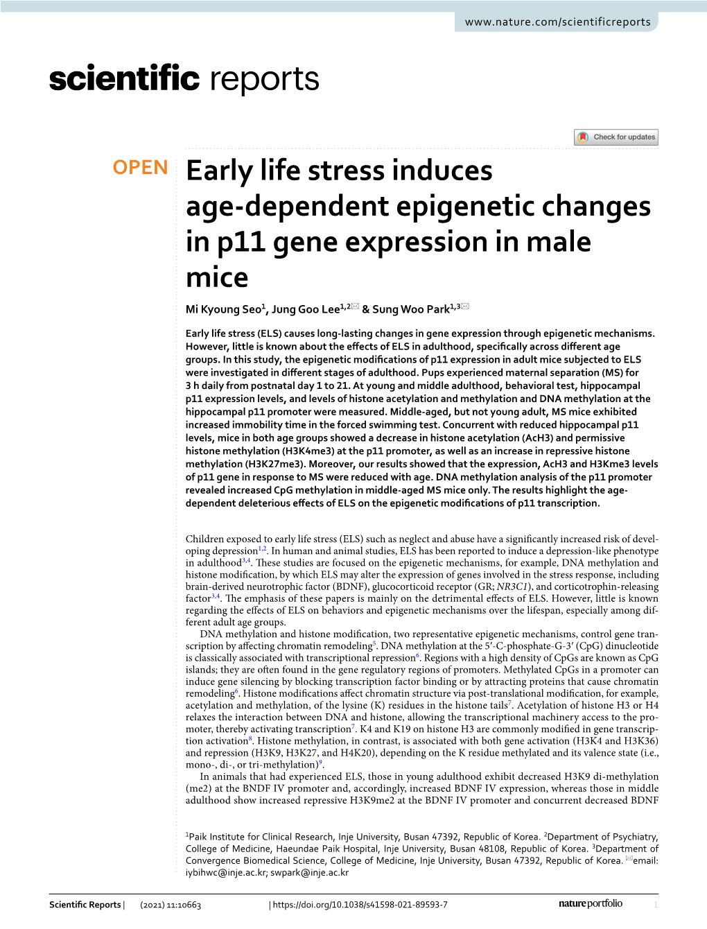 Early Life Stress Induces Age-Dependent Epigenetic Changes