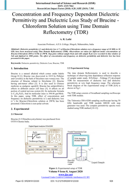 Concentration and Frequency Dependent Dielectric Permittivity and Dielectric Loss Study of Brucine - Chloroform Solution Using Time Domain Reflectometry (TDR)