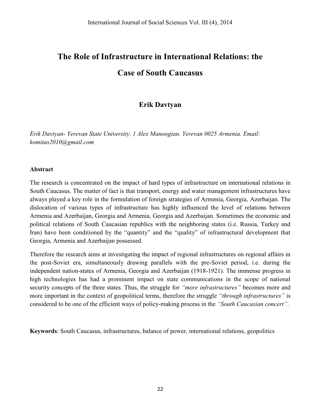 The Role of Infrastructure in International Relations: the Case of South Caucasus