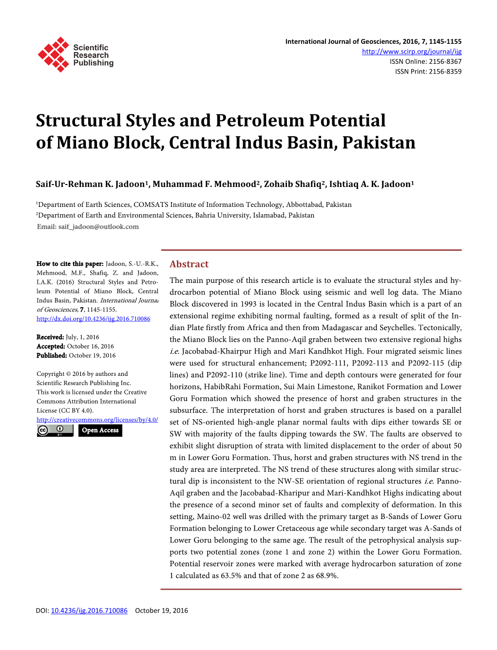 Structural Styles and Petroleum Potential of Miano Block, Central Indus Basin, Pakistan