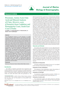 Proximate, Amino Acid, Fatty Acid and Mineral Analysis of Clam, Meretrix Casta (Chemnitz) from Cuddalore and Parangipettai Coast, South East Coast of India