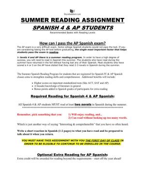 SUMMER READING ASSIGNMENT SPANISH 4 & AP STUDENTS Recommended Books with Reading Levels