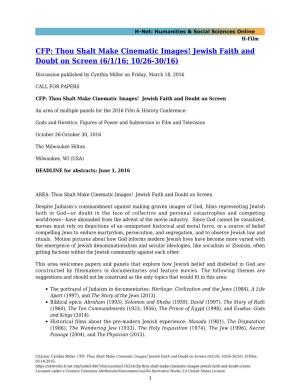 CFP: Thou Shalt Make Cinematic Images! Jewish Faith and Doubt on Screen (6/1/16; 10/26-30/16)