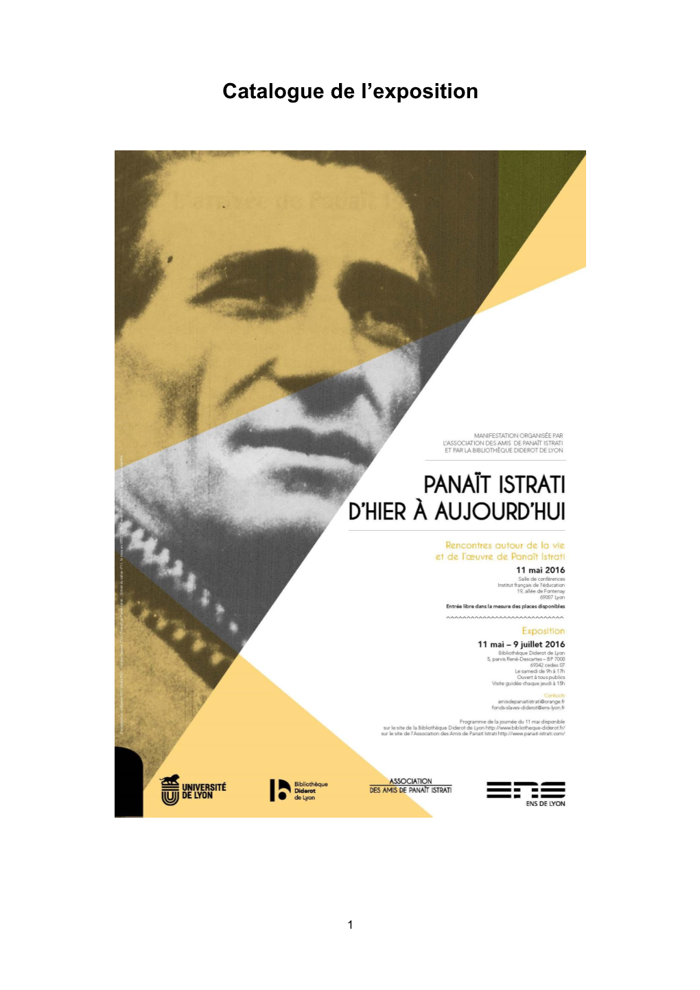 Catalogue De L'exposition Panaït Istrati D'hier À Aujourd'hui