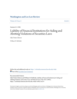Liability of Financial Institutions for Aiding and Abetting Violations of Securities Laws Sally Totten Gilmore