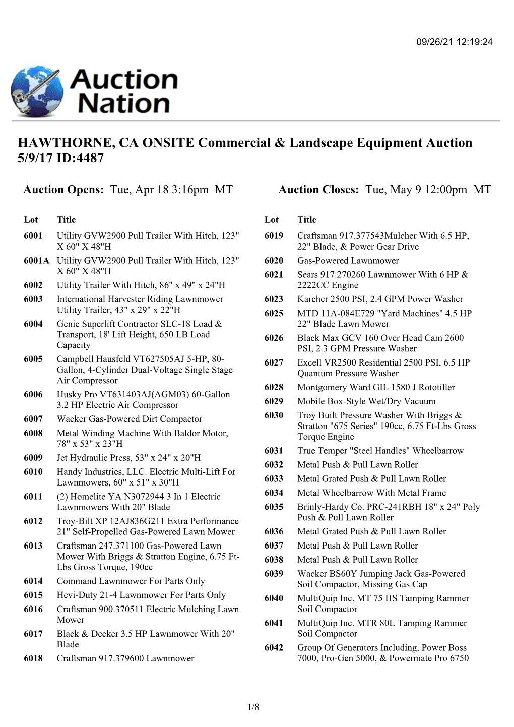 HAWTHORNE, CA ONSITE Commercial & Landscape Equipment Auction 5/9/17 ID:4487
