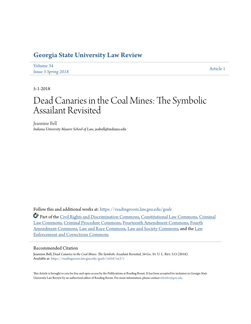 Dead Canaries in the Coal Mines: the Symbolic Assailant Revisited, 34 Ga