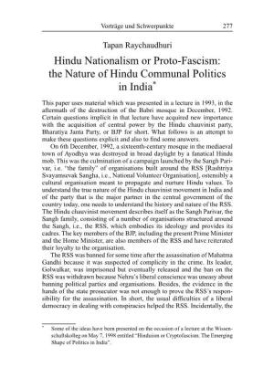 Hindu Nationalism Or Proto-Fascism: the Nature of Hindu Communal Politics in India*