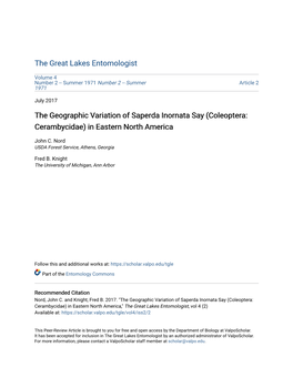 The Geographic Variation of Saperda Inornata Say (Coleoptera: Cerambycidae) in Eastern North America