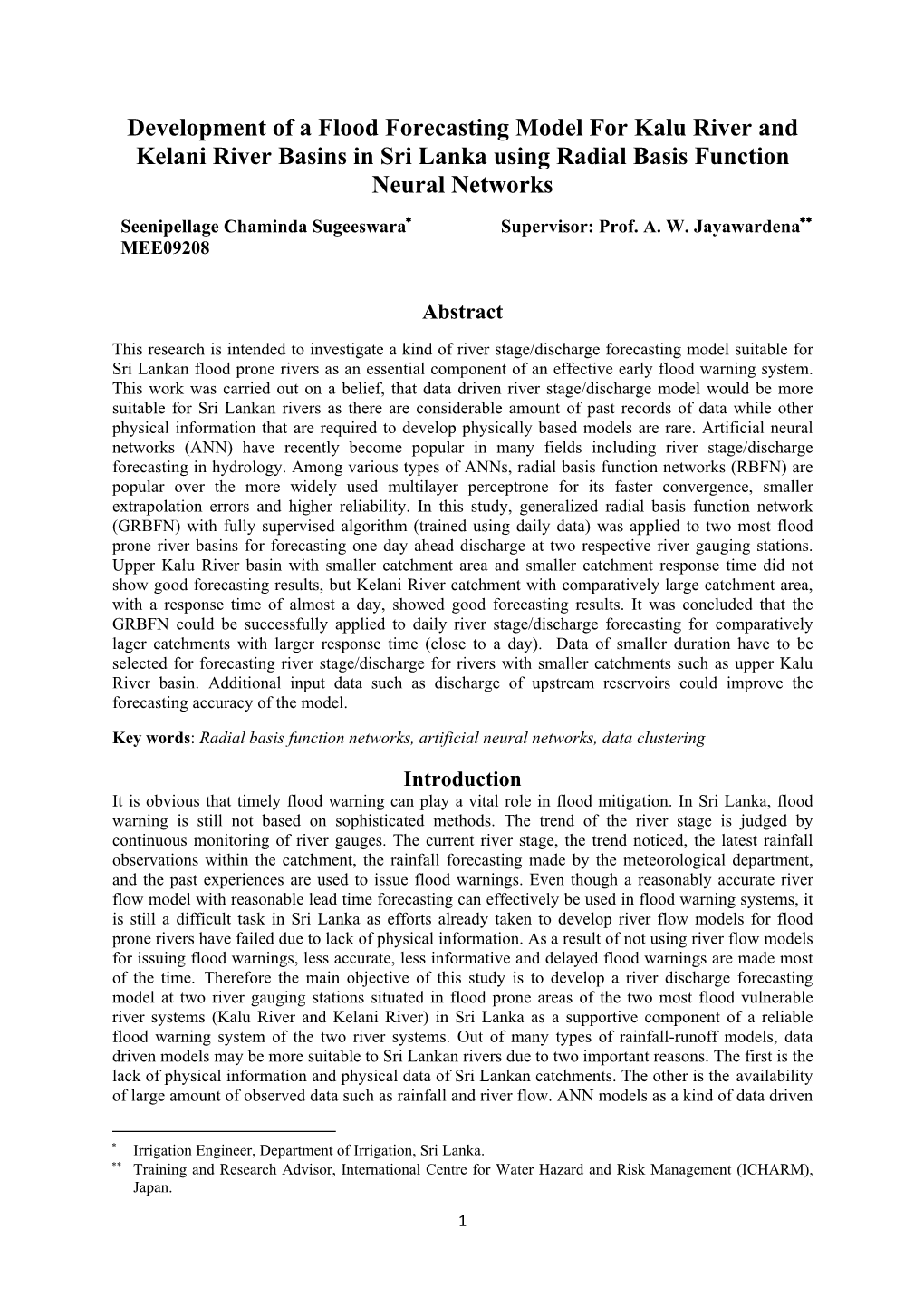 Development of a Flood Forecasting Model for Kalu River and Kelani River Basins in Sri Lanka Using Radial Basis Function Neural Networks