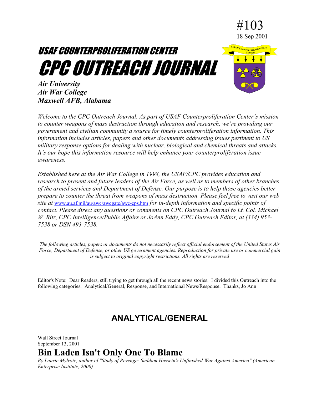 USAF Counterproliferation Center CPC Outreach Journal #103