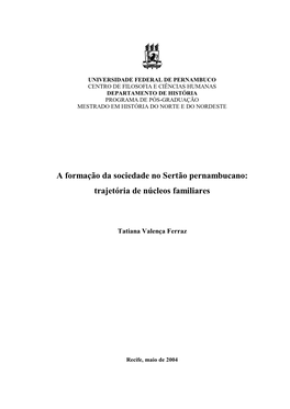 A Formação Da Sociedade No Sertão Pernambucano: Trajetória De Núcleos Familiares