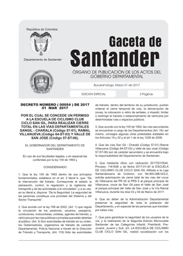 Gaceta De Departamento De Santander Santander ÓRGANO DE PUBLICACIÓN DE LOS ACTOS DEL GOBIERNO DEPARTAMENTAL