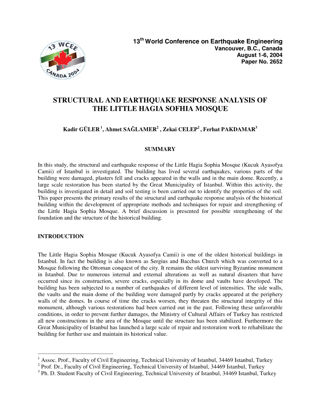 Structural and Earthquake Response Analysis of Little Hagia Sophia