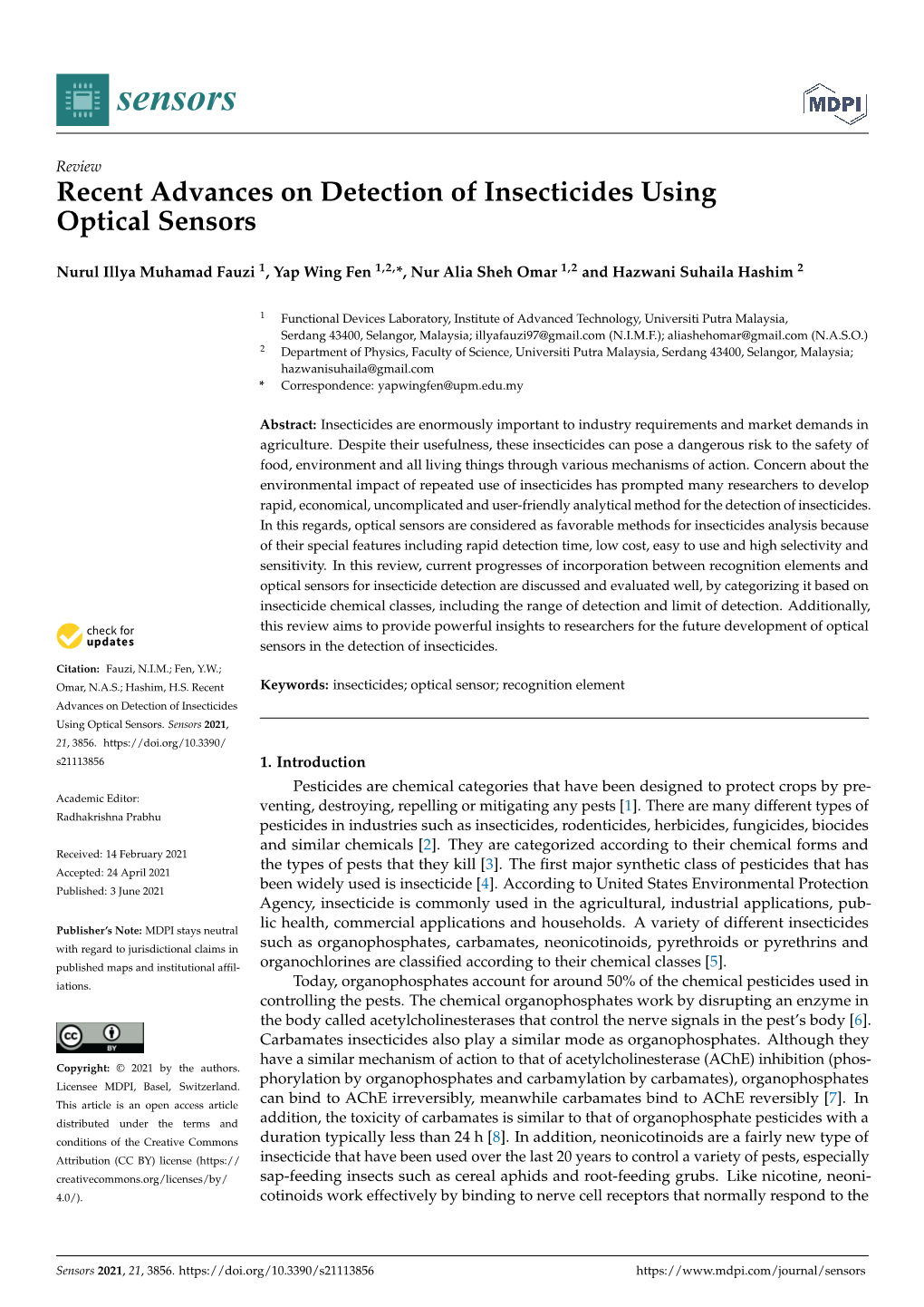 Recent Advances on Detection of Insecticides Using Optical Sensors