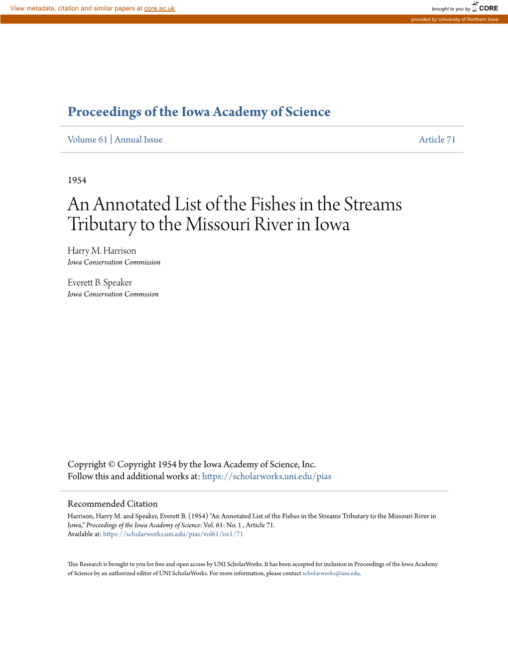 An Annotated List of the Fishes in the Streams Tributary to the Missouri River in Iowa Harry M