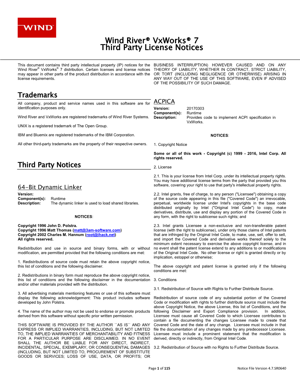 Wind River® Vxworks® 7 Third Party License Notices