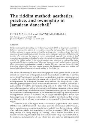 The Riddim Method: Aesthetics, Practice, and Ownership in Jamaican Dancehall1
