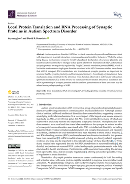 Local Protein Translation and RNA Processing of Synaptic Proteins in Autism Spectrum Disorder