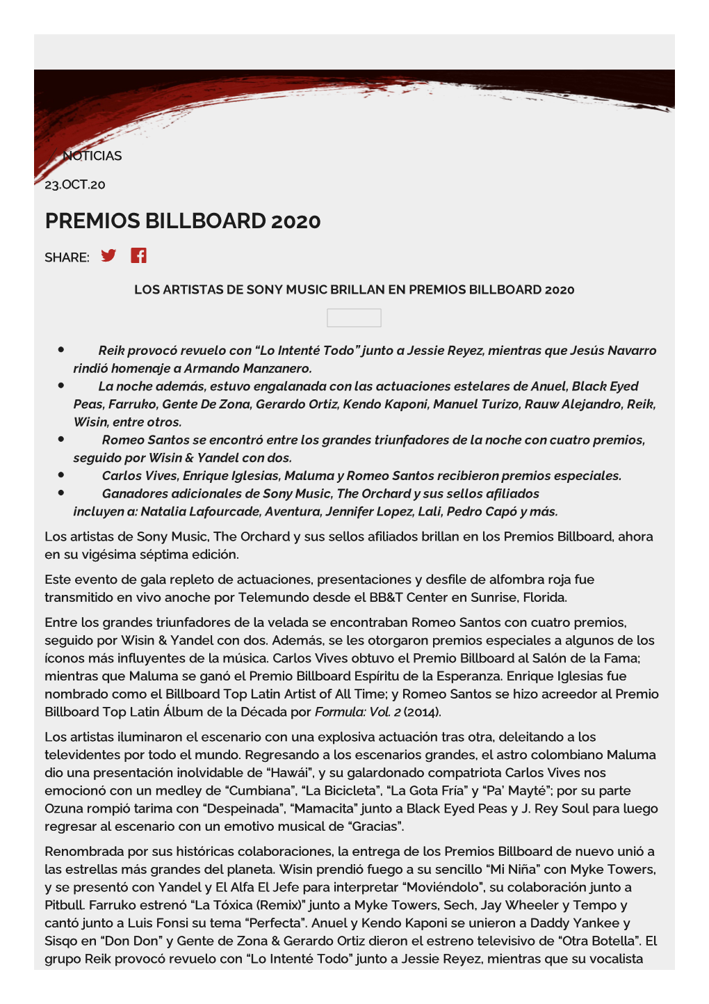 Premios Billboard 2020 Share:   Los Artistas De Sony Music Brillan En Premios Billboard 2020