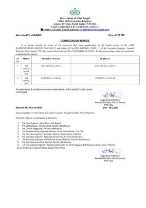 Government of West Bengal Office of the Executive Engineer, Asansol Division, Social Sector, P.W