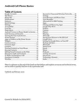 Android Cell Phone Basics Table of Contents