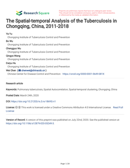 The Spatial-Temporal Analysis of the Tuberculosis in Chongqing, China, 2011-2018