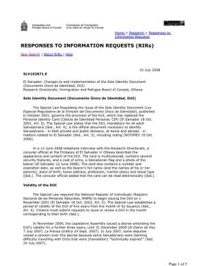 Changes to and Implementation of the Sole Identity Document (Documento Único De Identidad, DUI) Research Directorate, Immigration and Refugee Board of Canada, Ottawa