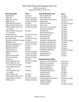 Petit Teton Preserved Products Price List Subject to Availability Shipping Unavailable on Starred Items