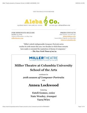 Miller Theatre Presents a Composer Portrait of ANNEA LOCKWOOD, 11/14 10/16/19, 2�45 PM