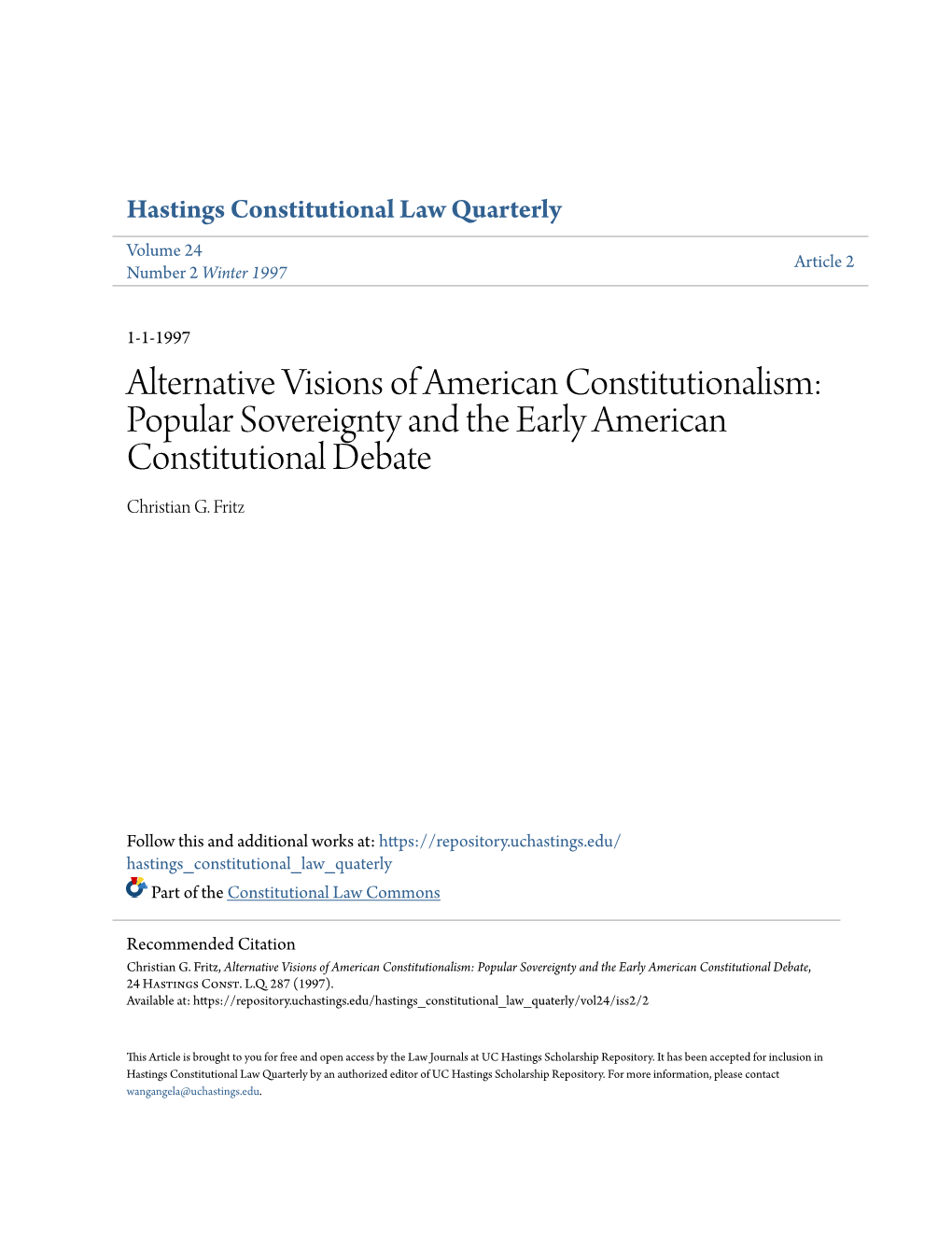 Popular Sovereignty and the Early American Constitutional Debate Christian G